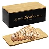 Holismo Bread Box with Bamboo Cutting Board Lid, Metal Bread Box for Kitchen Counter, Small Bread Storage Container, Black Bread bin for Kitchen Countertop