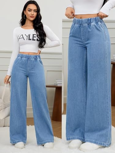 Image of ADBUCKS Women's Stretch Denim Wide Leg Jeans Comfort Fit with Elastic Waistband, Straight Cut, Casual Style for All Seasons, Versatile Clothing