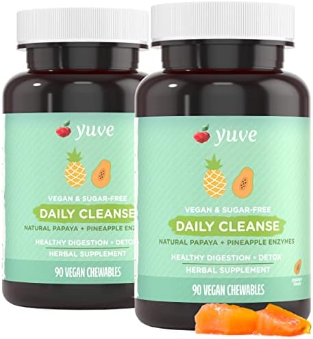 Yuve Natural Papaya Digestive Enzymes - Sugar-Free Chewable Candies - Promotes Better Digestion - Constipation & Bloating Aid, Detox, Leaky Gut Repair & Gas Relief - Vegan, Non-GMO (2 Pack of 90ct)