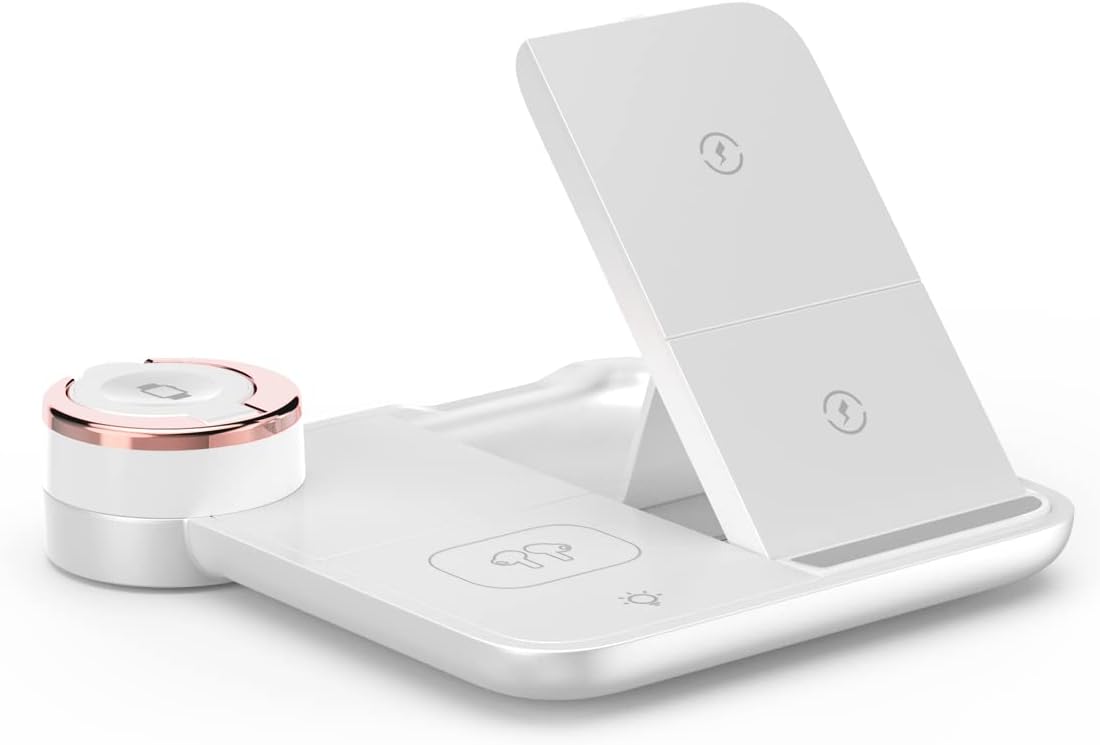 Wireless Charger, 4 in 1 Fast Wireless Charging Station Compatible with iPhone15 14/13/12/11/Pro/XS/XR/X/SE/8/8 Plus, 18W Wireless Charger Stand Dock for Apple Watch Series7/ 6/5/4/3/2/ AirPods…