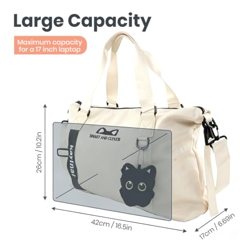 Image of PALAY Travel Bag Beige Waterproof Nylon Duffle Bag for Gym with Cat Charm | Large Capacity, Water-resistant Fabric, Letter Cat Ear Design, Removable Strap, Carry on Tote for Dance, Workout, Travelling