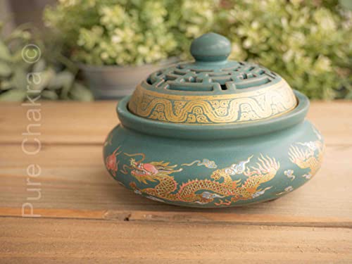 4.5" Painted Round Ceramic Incense Burner Bowl | Stick Rope Dhoop Cone Ash Catcher | Traditional Chinese Design Meditation (Green) #TOP1