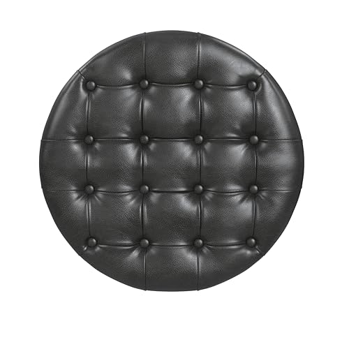 image for HomePop Home Decor | Button Tufted Faux Leather Round Storage Ottoman 