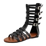 Scaoruki Women's Gladiator Sandals High Top Black Roman Flats Comfortable Summer Booties Retro Fisherman Open Toe Strappy Cage Shoes Holiday Plus Size