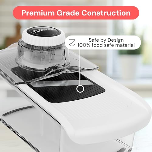 Fullstar Mandoline Slicer for Kitchen, Fruit Cutter, Cheese Grater, Cucumber Slicer, Veggie Spiralizer, Food Cutter & Kitchen Gadgets & Gifts with Safety Glove (6 in 1, White)