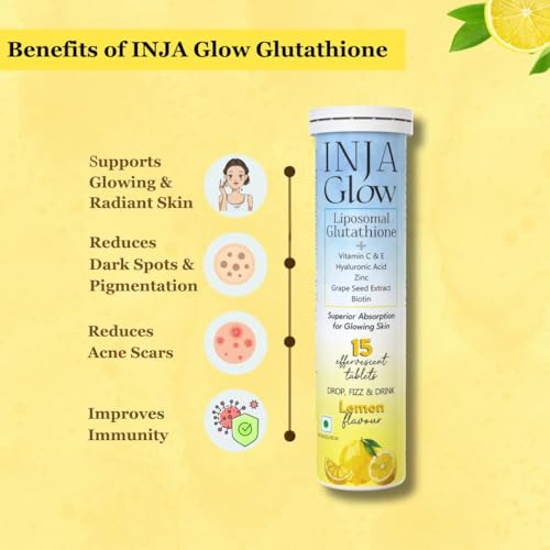 Image of INJA Glow Liposomal Glutathione with Vitamin C & E,Hyaluronic Acid,Zinc,Biotin & Grape Seed Extract, Reduces Dark Spots,Enhances Skin Glow & Collagen,Lemon Flavour,1 count,15 capsules (Pack of 2)