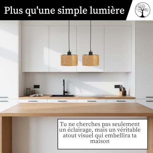Suspension de table en bois - Ronde moderne bois 2xE27 - Abat-jour chêne - Lampe naturelle pour salle à manger, salon, cuisine, chambre, couloir - Design élégant en bois de chêne ANTILIA – vue 3