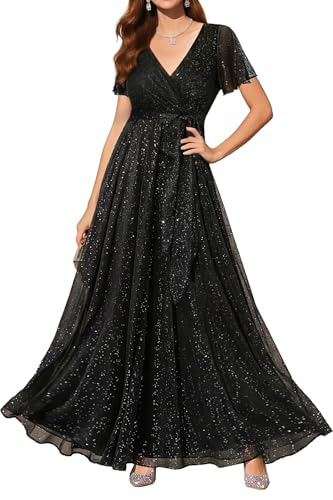 Pinup Fashion Black Formal Dresses for Women Evening Gowns Gala Prom Long Wedding Guest Elegant Sequin Sparkly Maxi Dress with Sleeves