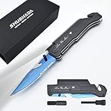 SHUBHADA Father's Gift Folding Pocket Knives Multi Function Emergency Tool Knives Led Light Magnesium fire starter Seatbelt cutter Glass breaker Bottle opener（Blue Titanium）