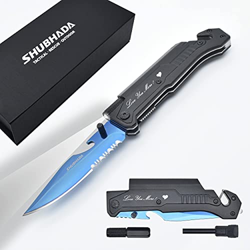 SHUBHADA Father\'s Gift Folding Pocket Knives Multi Function Emergency Tool Knives Led Light Magnesium fire starter Seatbelt cutter Glass breaker Bottle opener(Blue Titanium)