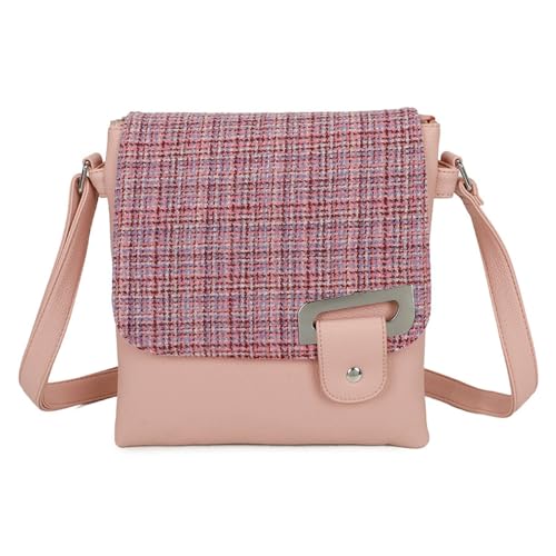 Love EMVY Sac à bandoulière tartan – Fabriqué en véritable tweed Harris, sangle réglable, rabat magnétique et fermeture éclair, poche arrière – Sac à bandoulière pour femme, Rose avec violet sur le