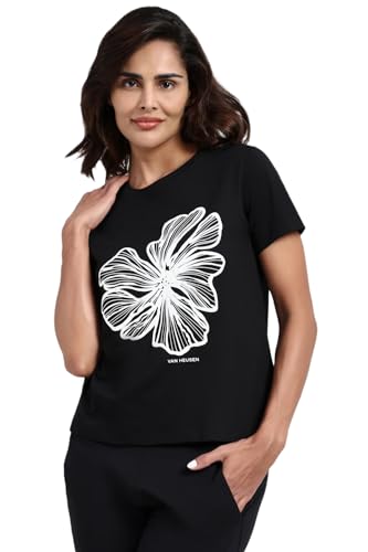 Image of Van Heusen Women's Cotton T-Shirt | Soft Breathable Cotton | Relaxed fit | Lounge Tee| Printed | Round Neck | Short Sleeve| Comfortable Everyday Wear | Style 55432