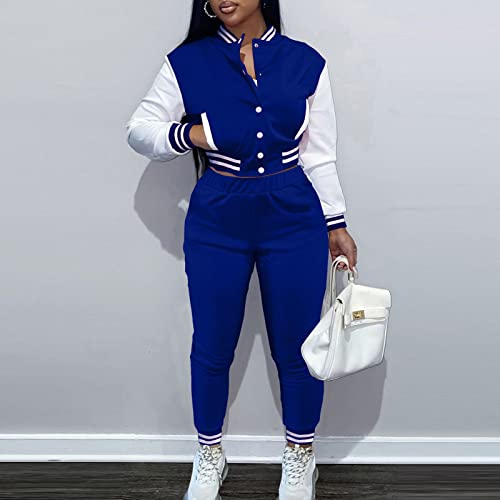 Tusang Womens 2 Pieces Baseball Suit Set Solid Coat Jogger Long Pants Fashion Tracksuits Outfits Contrast Outwear Pants Set Blue #TOP1