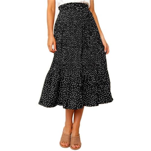Image of Oyamiki Womens Midi Skirt Print Dot Flowy Ladies Swing Light Weight Work Summer Pockets Skirts, M Black
