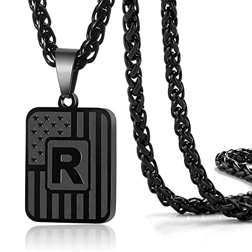 DuoDiner Initial R Necklace for Men Boys, American Flag Letter R Pendent Chain, Stainless Steel Dog Tag Country Military Necklace Jewelry Gifts (Black)