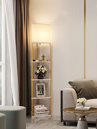 Addlon 5-Tier Sector Corner Shelf Floor Lamp With 3 Color Temperatures Led Bulb And White Lamp Shade - Display Floor Lamps With Shelves For Living Room, Bedroom And Office - Marble Texture #TOP6