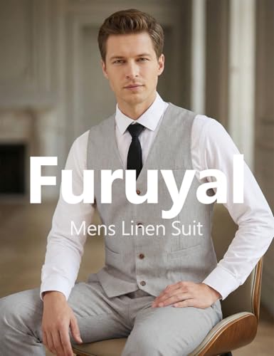 Retro Linen Suit for Men Lightweight Dressy Vest Pant Suits Grey Tuxedo,XL — view 5