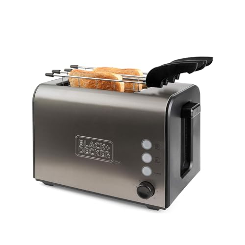 Toaster mit 7 Bräunungsstufen, 2 Schlitzen und herausnehmbaren Zangen – Auftaufunktion, Aufwärmfunktion, Toast, Krümelschublade, 26,5 x 18 x 19 cm, aus Edelstahl, Grau, 900 W