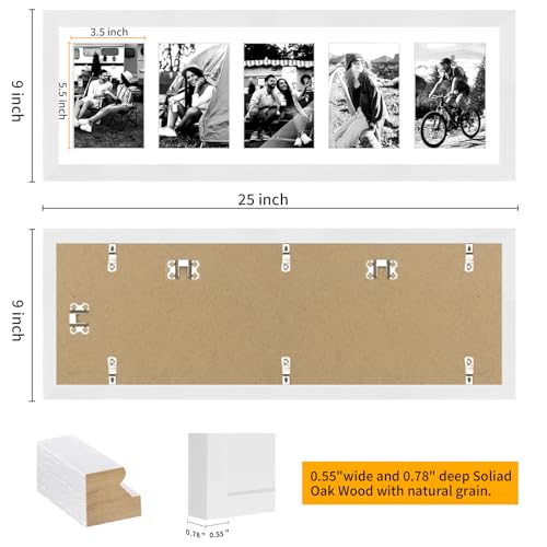 8x24 Oak Wood Picture Frame - 8x24 Photo Frame with Mat Display 5Pcs 4x6 Photos, 4x6 Picture Frame Wood, Natural Solid Wooden Picture Frames for Wall Art Photo and Prints(1 Pack, White)
