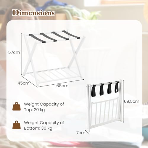 FANTASK Kofferständer klappbar, 68x 45 x 57 cm, 2-Stöckige Kofferablage Metall, Gepäckablage, Kofferablage für Schlafzimmer, Gästezimmer, Hotel (Weiß)