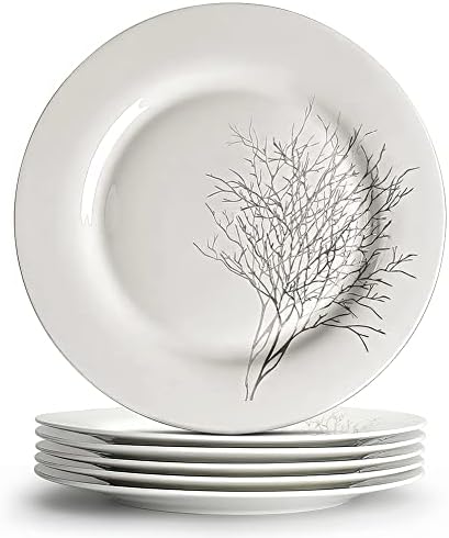 IQCWOOD White Dinner Plates Set of 6, Ceramic Dinner Plates, Round Dessert White Plates Porcelain Plates Tree Ceramic Dinner Plate Scratch Resistant (10.5-inch)