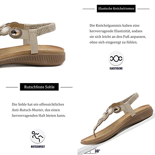 ZOEASHLEY Sandały damskie ze strasu, płaskie sandały, na lato, otwarte palce, japonki, japonki w stylu boho, Beżowy27, 37 EU