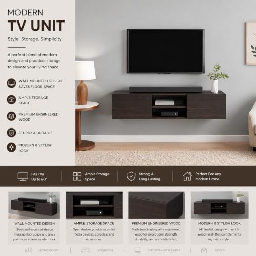 Image of FURNEASER Sasia Modern Wall Mounted TV Unit for 32 /42 /55 Inch TV | Floating Entertainment Unit with Storage | Engineered Wood TV Cabinet for Living Room | TV Stand with Doors (Wenge)