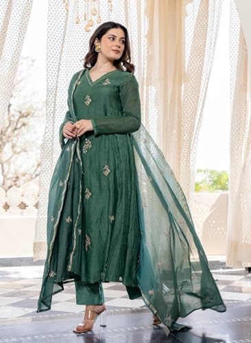 Image of KLOSIA Women Embroidery Solid Anarkali Kurta and Pant Set with Dupatta
