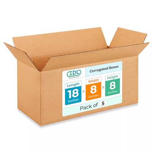 Medium Shipping &amp; Moving Boxes 18 x 8 x 8 inches (5-Pack) - Extra Strength 200 lb vs Regular - Corrugated Medium Moving Boxes, Made in USA - Box for Packaging - Square Box by IDL Packaging