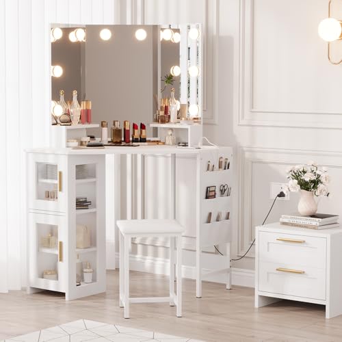 Garvee Corner Vanity Desk and Stool, Corner Makeup Vanity with Light Bulbs Mirror Charging Station and Cabinet for Bedroom, White Bulb-white