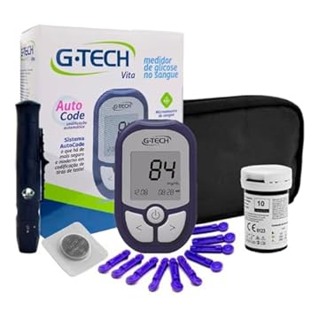 Kit Medidor de Glicose G-Tech Vita Com 10 Tiras + 10 Lancetas E Caneta Lancetadora - Glicosímetro Glicemia