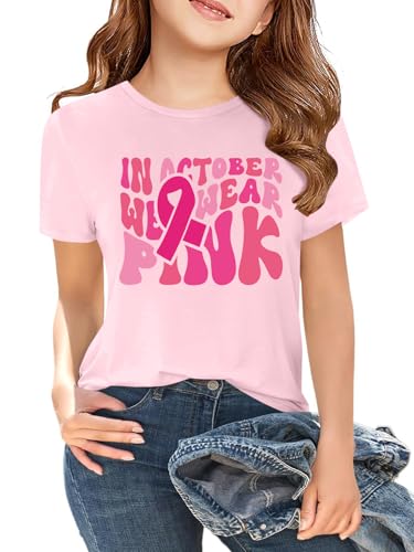 Breast Cancer Shirts for Girls Breast Cancer Awareness Kids Tshirts Pink Ribbon Teen Short Sleeve Tee Tops 5-14Years