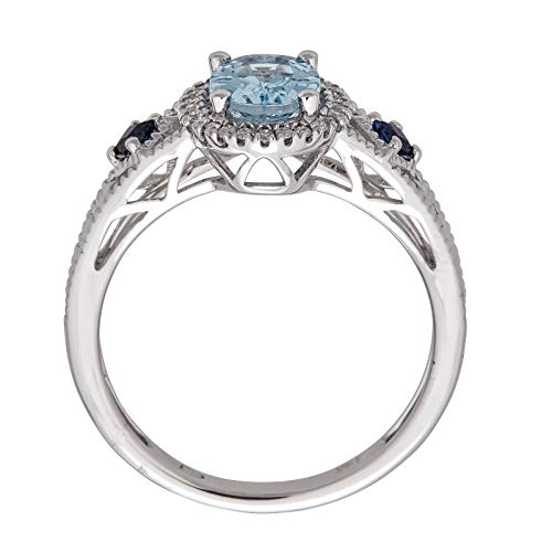 Gin & Grace 14K White Gold Real Diamond Ring (I1) With Genuine Aquamarine & Genuine Blue Sapphire Daily Work Wear Jewelry For Women Gifts For Her #TOP1