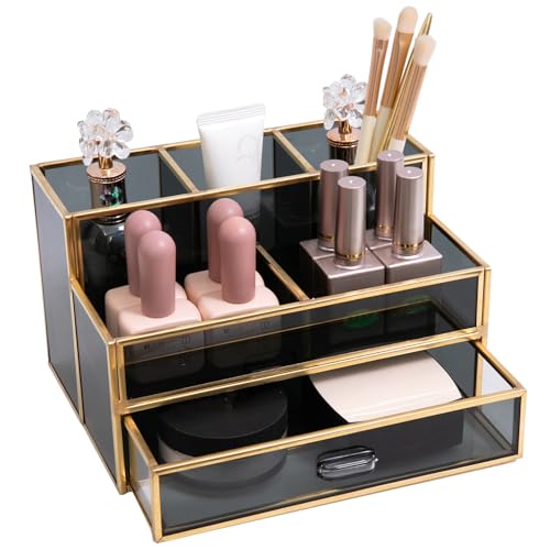 HARLIANGXY Organisateur de Cosmétique avec Tiroir, Grande Capacité Rangement Maquillage, Boîte de Rangement de Beauté, Support pour Pinceaux de Maquillage, Organisateur de Parfum, Noir