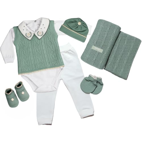 Kit de saída de maternidade para menino em tricô verde militar por Dubabi Baby