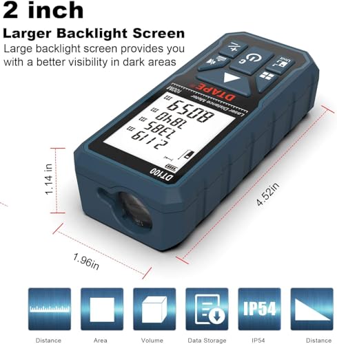 DTAPE Laser Measure 328ft DT100 Laser Distance Meter 100M Portable Handle Digital Measure Tool Range Finder Larger Backlit LCD 4 Line Display IP54 Shockproof