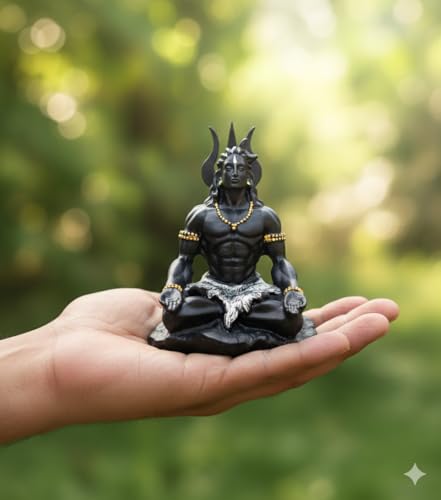 Image of Mahayogi Shiva Meditation Resin Statue for Home Decor, Car Dashboard & Office Desk - Premium Black Matte Finish with Golden Beads | Spiritual Showpiece | 8x7x10 cm