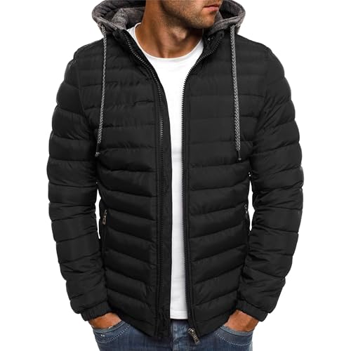 Tiwate Men's Solid Color Puffer Jacket Warm Insulated Hooded Down Coat Winter Zip up Windproof Male Puffy Jackets (Black,M)