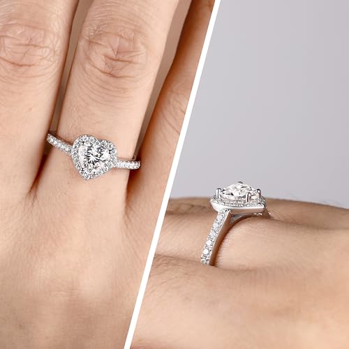 SILVERNANA 1CT Heart Engagement Rings for Women 925 Sterling Silver Heart Cut Halo Moissanite Promise Rings for Her Size 4 — view 3