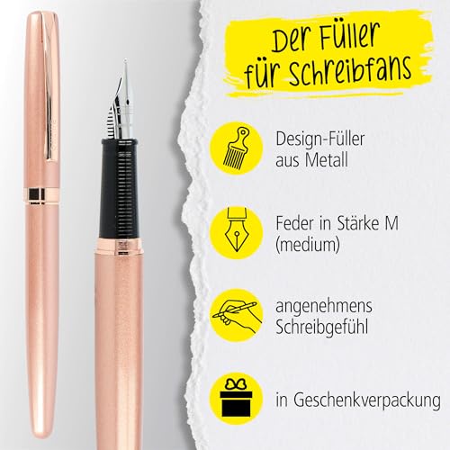 Online Füllhalter Eleganza I Metall I Design rosegold Style I Federstärke M I Metallclip I inkl. Tintenpatrone Schreibfarbe Blau I Füller für Standard-Tintenpatronen inkl. Geschenkverpackung