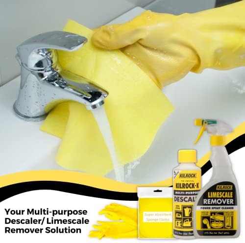 Limescale Remover Descaler Kilrock Bundle with 1x Power Spray 500ml, 1x Kilrock K Multi Purpose Descaler 3 Dose 250ml, 1 Pair Rubber Gloves, 3x Sponge Cloths - Appliances, Sinks, Taps, Tiles, Surfaces