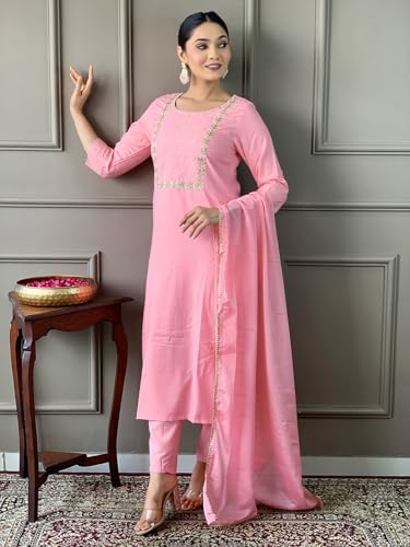 Image of Naixa Women's Viscose Embroidered Straight Kurta with Viscose Pant and Silk Blend Printed Dupatta Sets (NK-430)