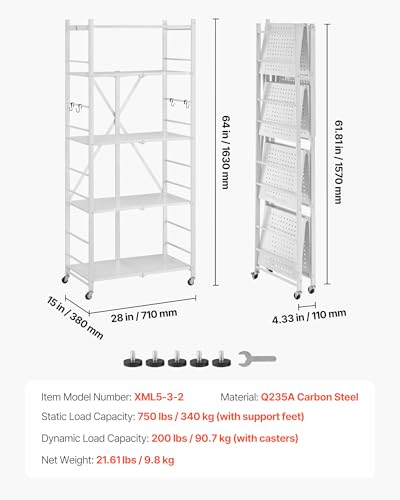 Image of VEVOR 5-Tier Foldable Storage Shelf, 28 W x 15D x 64H Inch Folding Metal Rack Shelving Unit, No Assembly Organizer Shelf with 5 Wheels & 4 Hooks for Pantry, Kitchen, Garage, Basement, White
