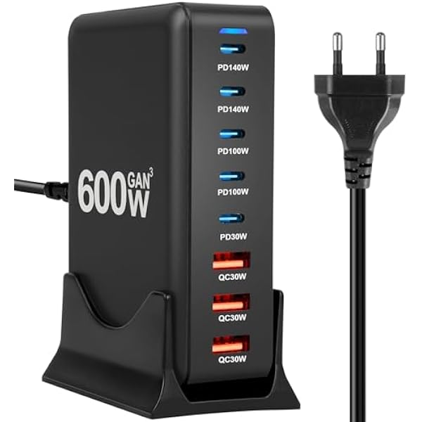 AXFEE Ładowarka USB C, 600 W, 8-portowa ładowarka z typem C i USB-A, szybka ładowarka PD 100 W 30 W QC18W typ c Charger Power zasilacz do telefonów 16 15 14 Pro Max 13 12 11, Pad, Samsung