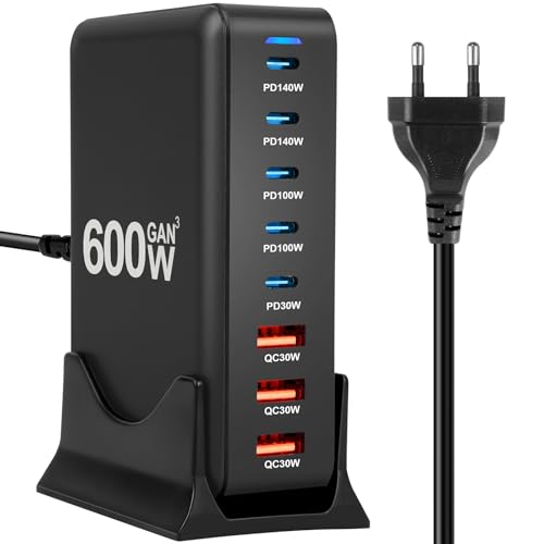 AXFEE 600W Caricatore USB C Multiplo, 8 Port GaN III Alimentatore USB C, QC 30W PD 140W/100W/30W Laptop Caricabatterie Ricarica Rapido, per MacBook Air/Pro Laptop iPhone iPad SteamDeck-Nero