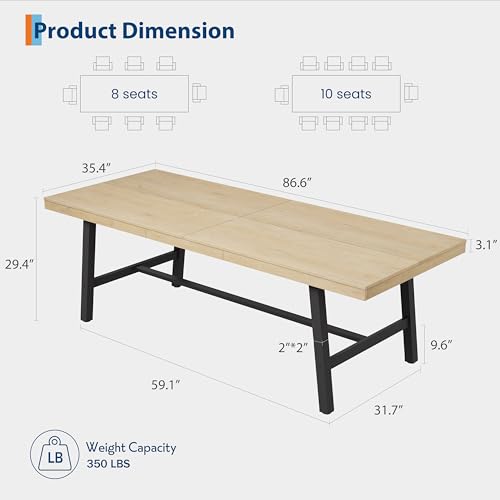 Image of GarveeHome Industrial Dining Table for 8-10 People, 86.61 inch Long Kitchen Table with Sturdy Metal Frame, Rectangular Counter for Dinner, Kitchen, Dining Room (Natural, 87 inch Non-extendable)