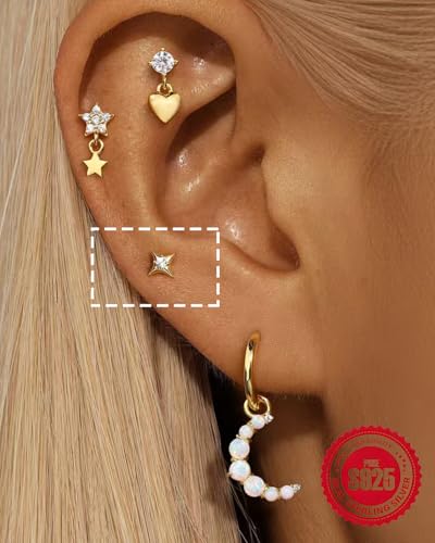 16G Dangle Helix Piercing Jewelry 1PC 925 Solid Silver 14K Gold Plated Conch Tragus Cartilage Earring Flat Back Stud Internally Threaded Ear Ring 8mm Gifts for Her Cubic Zirconia White Opal3