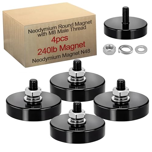 Image of Flutesan 4 Pieces Heavy Duty Round Mounting Magnet with Bolt 1.89in-240lb-m8 Black with Male Thread Stud Strong Earth Magnet Super Powerful for Lighting Camera Brackets License Plate
