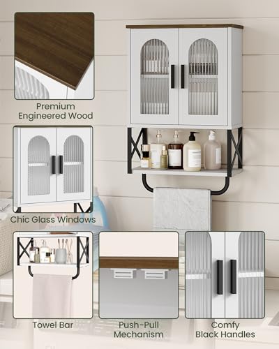 CHOEZON Bathroom Wall Cabinet, Medicine Cabinet with Adjustable Shelf and Towel Bar, Storage Cabinet Wall Mount with 2 Glass Doors, for Bathroom, Kitchen, Living Room, Dining Room, White and Walnut - Thumbnail 6