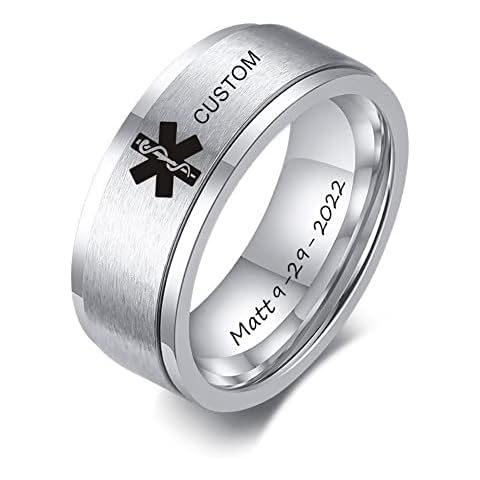ZKXXJ Personalized Medical Alert Ring Medical ID Spinner Banf Fidget Ring for Men Women,Custom Stainless Steel Anxiety Relief Medic Emergency Ring with Medical Wallet Insert Card Cover